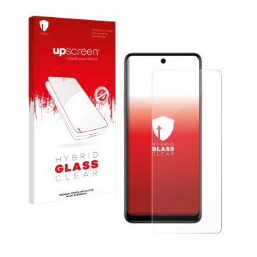 Vorderseite einer Produktverpackung mit dem Markenlogo upscreen. Daneben ist das Gerät Motorola Moto E32s mit dem zugehörigen 