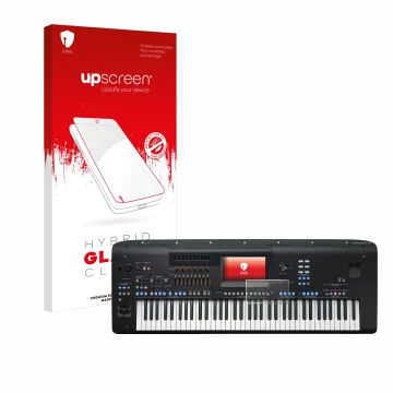 Vorderseite einer Produktverpackung mit dem Markenlogo upscreen. Daneben ist das Gerät Yamaha Genos2 mit dem zugehörigen Displ