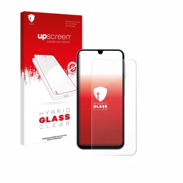 Vorderseite einer Produktverpackung mit dem Markenlogo upscreen. Daneben ist das Gerät Samsung Galaxy A15 mit dem zugehörigen 