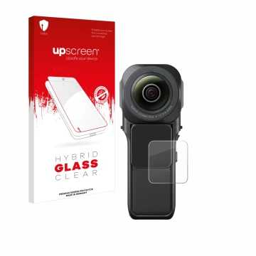 Vorderseite einer Produktverpackung mit dem Markenlogo upscreen. Daneben ist das Gerät Insta360 One RS 1-Zoll 360 mit dem zuge