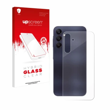 Vorderseite einer Produktverpackung mit dem Markenlogo upscreen. Daneben ist das Gerät Samsung Galaxy A25 5G (Rückseite) mit d