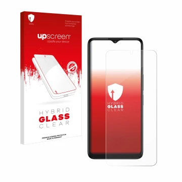 Vorderseite einer Produktverpackung mit dem Markenlogo upscreen. Daneben ist das Gerät TCL 40 R 5G mit dem zugehörigen Display