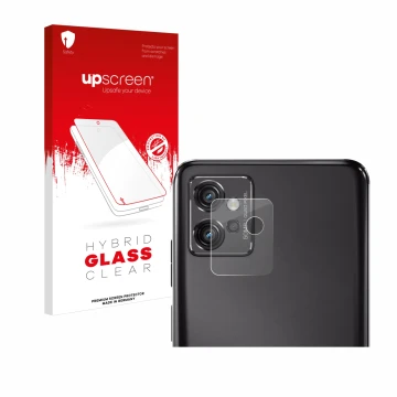 Vorderseite einer Produktverpackung mit dem Markenlogo upscreen. Daneben ist das Gerät Motorola Moto G32 (NUR Kameraschutz) mi