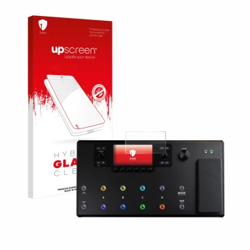 Vorderseite einer Produktverpackung mit dem Markenlogo upscreen. Daneben ist das Gerät Line 6 Helix LT mit dem zugehörigen Dis