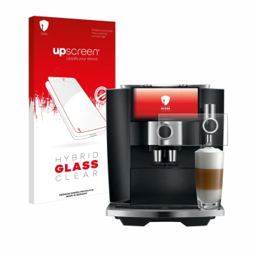 Vorderseite einer Produktverpackung mit dem Markenlogo upscreen. Daneben ist das Gerät Jura J8 twin mit dem zugehörigen Displa