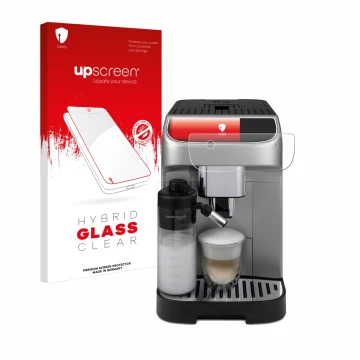 Vorderseite einer Produktverpackung mit dem Markenlogo upscreen. Daneben ist das Gerät DeLonghi Magnifica Plus mit dem zugehör