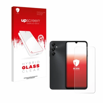 Vorderseite einer Produktverpackung mit dem Markenlogo upscreen. Daneben ist das Gerät Samsung Galaxy A05s mit dem zugehörigen