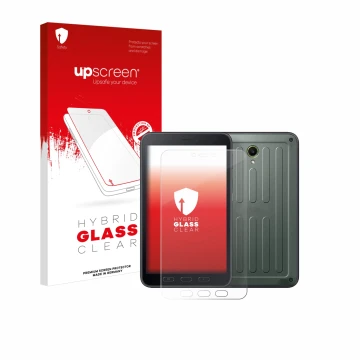 Vorderseite einer Produktverpackung mit dem Markenlogo upscreen. Daneben ist das Gerät Samsung Galaxy Tab Active 5 (Hochformat