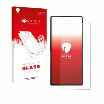 Vorderseite einer Produktverpackung mit dem Markenlogo upscreen. Daneben ist das Gerät ZTE Nubia Red Magic 8 Pro mit dem zugeh