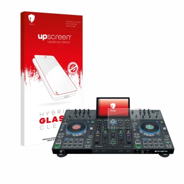 Vorderseite einer Produktverpackung mit dem Markenlogo upscreen. Daneben ist das Gerät Denon DJ Prime 4+ mit dem zugehörigen D