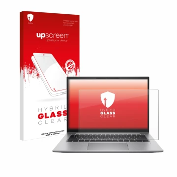 Vorderseite einer Produktverpackung mit dem Markenlogo upscreen. Daneben ist das Gerät HP Zbook Firefly 14 G10 mit dem zugehör