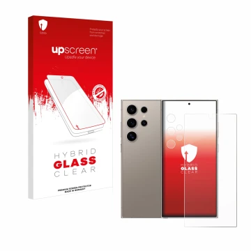 Vorderseite einer Produktverpackung mit dem Markenlogo upscreen. Daneben ist das Gerät Samsung Galaxy S24 Ultra (case-friendly
