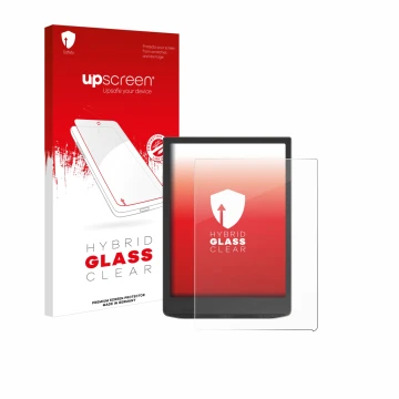 Vorderseite einer Produktverpackung mit dem Markenlogo upscreen. Daneben ist das Gerät Vivlio InkPad 4 mit dem zugehörigen Dis