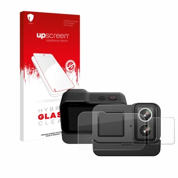 Vorderseite einer Produktverpackung mit dem Markenlogo upscreen. Daneben ist das Gerät SJCAM SJ20 Dual Lens mit dem zugehörige