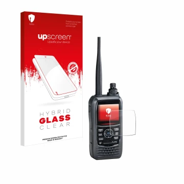 Vorderseite einer Produktverpackung mit dem Markenlogo upscreen. Daneben ist das Gerät Icom IC-R15 mit dem zugehörigen Display