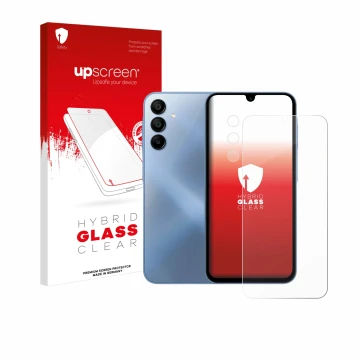 Vorderseite einer Produktverpackung mit dem Markenlogo upscreen. Daneben ist das Gerät Samsung Galaxy A15 5G (Display+Kamera) 