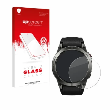 Vorderseite einer Produktverpackung mit dem Markenlogo upscreen. Daneben ist das Gerät Zeblaze Stratos 3 mit dem zugehörigen D