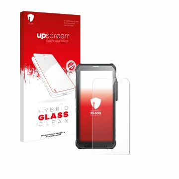 Vorderseite einer Produktverpackung mit dem Markenlogo upscreen. Daneben ist das Gerät RugGear RG880 mit dem zugehörigen Displ