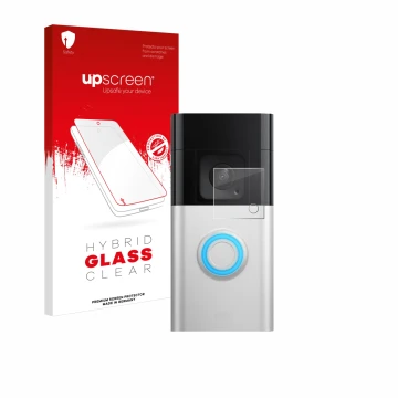 Vorderseite einer Produktverpackung mit dem Markenlogo upscreen. Daneben ist das Gerät Ring Video Doorbell Plus mit dem zugehö
