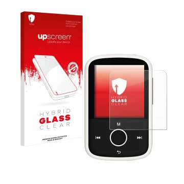 Vorderseite einer Produktverpackung mit dem Markenlogo upscreen. Daneben ist das Gerät Majority MP3 16GB mit dem zugehörigen D