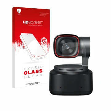 Vorderseite einer Produktverpackung mit dem Markenlogo upscreen. Daneben ist das Gerät OBSBOT Tiny 2 mit dem zugehörigen Displ