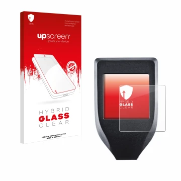 Vorderseite einer Produktverpackung mit dem Markenlogo upscreen. Daneben ist das Gerät Trezor Model T mit dem zugehörigen Disp