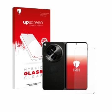 Vorderseite einer Produktverpackung mit dem Markenlogo upscreen. Daneben ist das Gerät OnePlus Open (case-friendly) mit dem zu