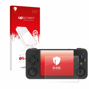 Vorderseite einer Produktverpackung mit dem Markenlogo upscreen. Daneben ist das Gerät Anbernic RG35XX H mit dem zugehörigen D
