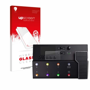 Vorderseite einer Produktverpackung mit dem Markenlogo upscreen. Daneben ist das Gerät Line 6 POD Go mit dem zugehörigen Displ