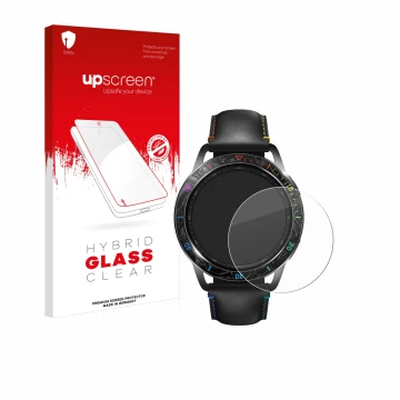 Vorderseite einer Produktverpackung mit dem Markenlogo upscreen. Daneben ist das Gerät Xiaomi Watch S3 mit dem zugehörigen Dis