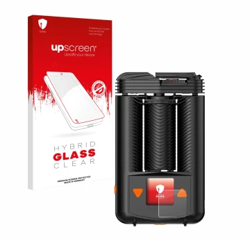 Vorderseite einer Produktverpackung mit dem Markenlogo upscreen. Daneben ist das Gerät Storz & Bickel Mighty + mit dem zugehör