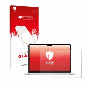 Vorderseite einer Produktverpackung mit dem Markenlogo upscreen. Daneben ist das Gerät Apple MacBook Air 15