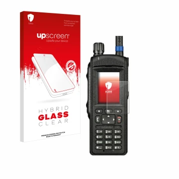 Vorderseite einer Produktverpackung mit dem Markenlogo upscreen. Daneben ist das Gerät Motorola MTP6650 mit dem zugehörigen Di