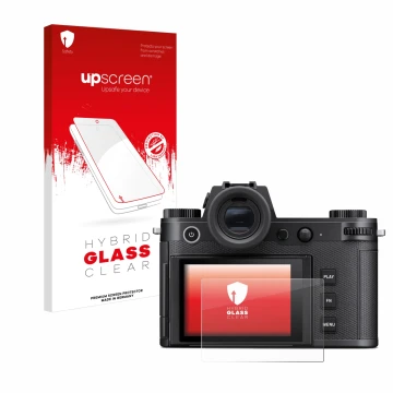 Vorderseite einer Produktverpackung mit dem Markenlogo upscreen. Daneben ist das Gerät Leica SL3 mit dem zugehörigen Displaysc