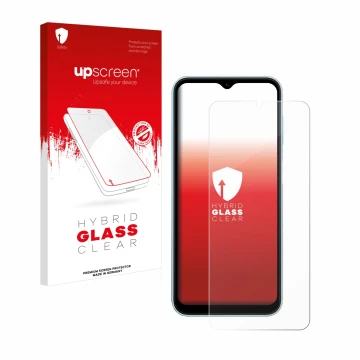 Vorderseite einer Produktverpackung mit dem Markenlogo upscreen. Daneben ist das Gerät Samsung Galaxy M15 mit dem zugehörigen 