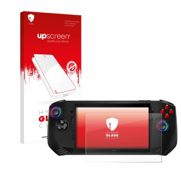 Vorderseite einer Produktverpackung mit dem Markenlogo upscreen. Daneben ist das Gerät MSI Claw A1M mit dem zugehörigen Displa