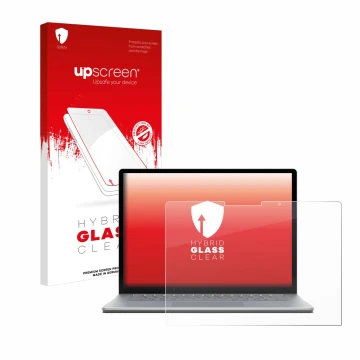 Vorderseite einer Produktverpackung mit dem Markenlogo upscreen. Daneben ist das Gerät Microsoft Surface Laptop 6 13.5