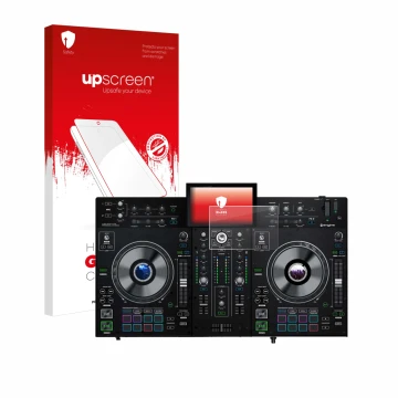 Vorderseite einer Produktverpackung mit dem Markenlogo upscreen. Daneben ist das Gerät Denon DJ Prime 2 mit dem zugehörigen Di