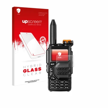 Vorderseite einer Produktverpackung mit dem Markenlogo upscreen. Daneben ist das Gerät Quansheng UV-K5 mit dem zugehörigen Dis