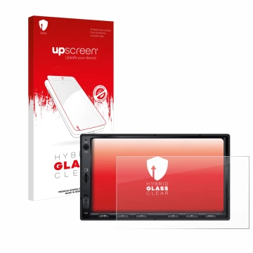 Vorderseite einer Produktverpackung mit dem Markenlogo upscreen. Daneben ist das Gerät Atoto F7 WE mit dem zugehörigen Display