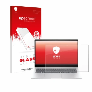Vorderseite einer Produktverpackung mit dem Markenlogo upscreen. Daneben ist das Gerät HP Envy 17 2024 mit dem zugehörigen Dis