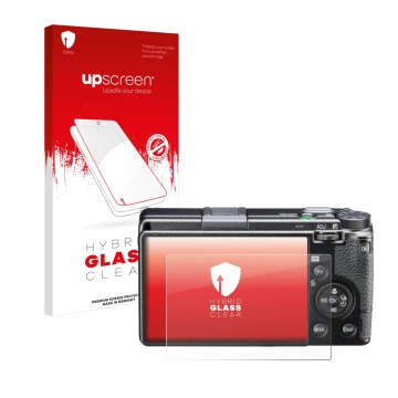 Vorderseite einer Produktverpackung mit dem Markenlogo upscreen. Daneben ist das Gerät Ricoh GR III HDF mit dem zugehörigen Di