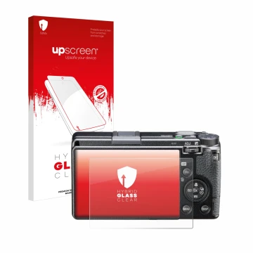 Vorderseite einer Produktverpackung mit dem Markenlogo upscreen. Daneben ist das Gerät Ricoh GR IIIx HDF mit dem zugehörigen D