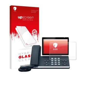 Vorderseite einer Produktverpackung mit dem Markenlogo upscreen. Daneben ist das Gerät Yealink SIP-T57W mit dem zugehörigen Di
