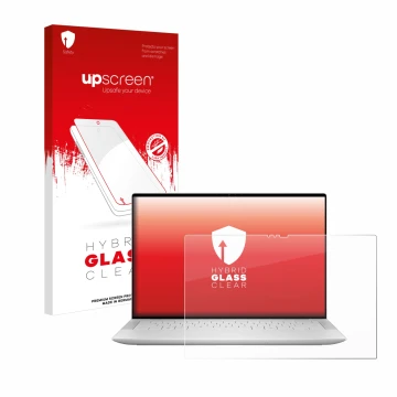 Vorderseite einer Produktverpackung mit dem Markenlogo upscreen. Daneben ist das Gerät Dell XPS 14 9440 Touch mit dem zugehöri