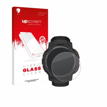 Vorderseite einer Produktverpackung mit dem Markenlogo upscreen. Daneben ist das Gerät Garmin Instinct Crossover Solar mit dem