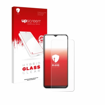 Vorderseite einer Produktverpackung mit dem Markenlogo upscreen. Daneben ist das Gerät Emporia ME.6 mit dem zugehörigen Displa