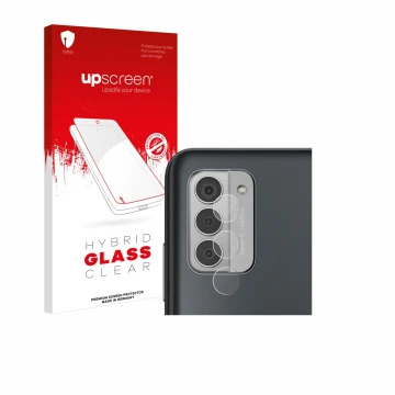 Vorderseite einer Produktverpackung mit dem Markenlogo upscreen. Daneben ist das Gerät Nokia G42 5G (NUR Kameraschutz) mit dem