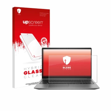 Vorderseite einer Produktverpackung mit dem Markenlogo upscreen. Daneben ist das Gerät HP Zbook Power 15 G10 mit dem zugehörig
