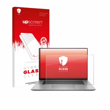 Vorderseite einer Produktverpackung mit dem Markenlogo upscreen. Daneben ist das Gerät HP Zbook Studio 16 G10 mit dem zugehöri